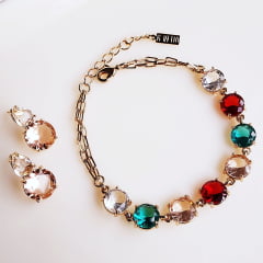 *Conjunto pulseira + brinco de cristais multicolor 2- banhado a ouro     